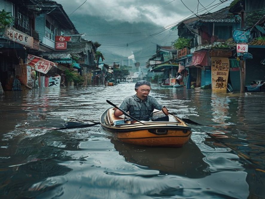 广西洪水淹没街道,居民划橡皮艇出行