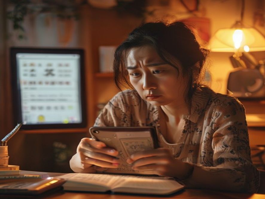 家长查看手机上的英语发音,表情困惑不满
