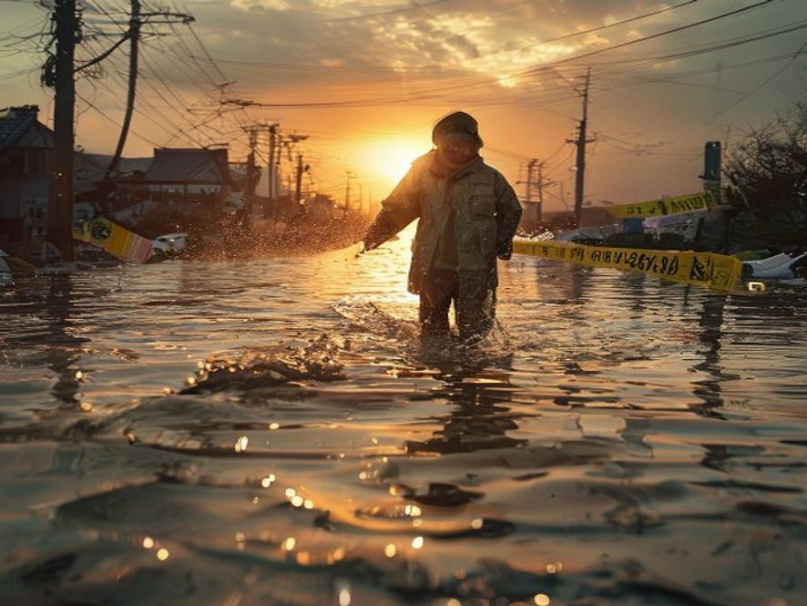 暴雨中积水街道,行人犹豫是否蹚水,远处有倒下的电线杆