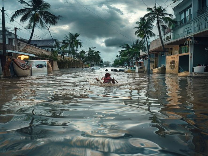 沿海城市街道被上升的海水淹没