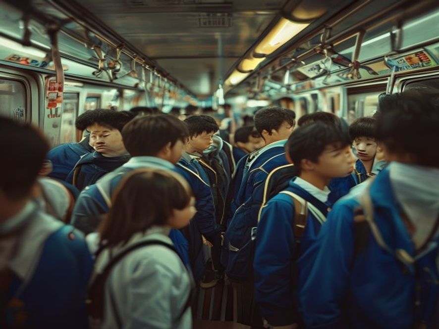 地铁车厢里一群穿校服的高个子中学生站在乘客旁边