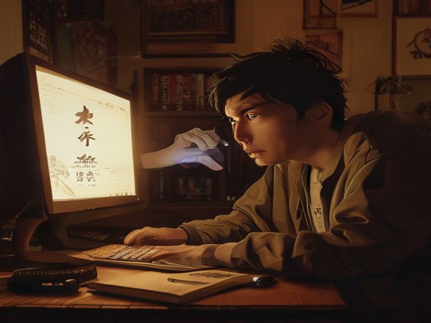 一位年轻男性坐在电脑前,屏幕上播放《凡人修仙传》动画,旁边放着原著小说,表情困惑