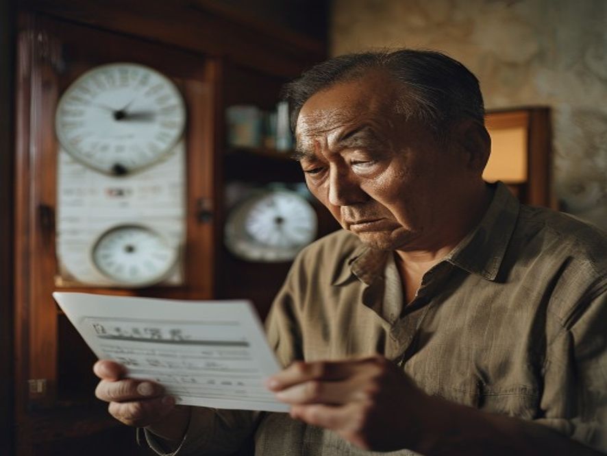 一位山西居民看着水费账单,表情困惑,旁边有自来水水表
