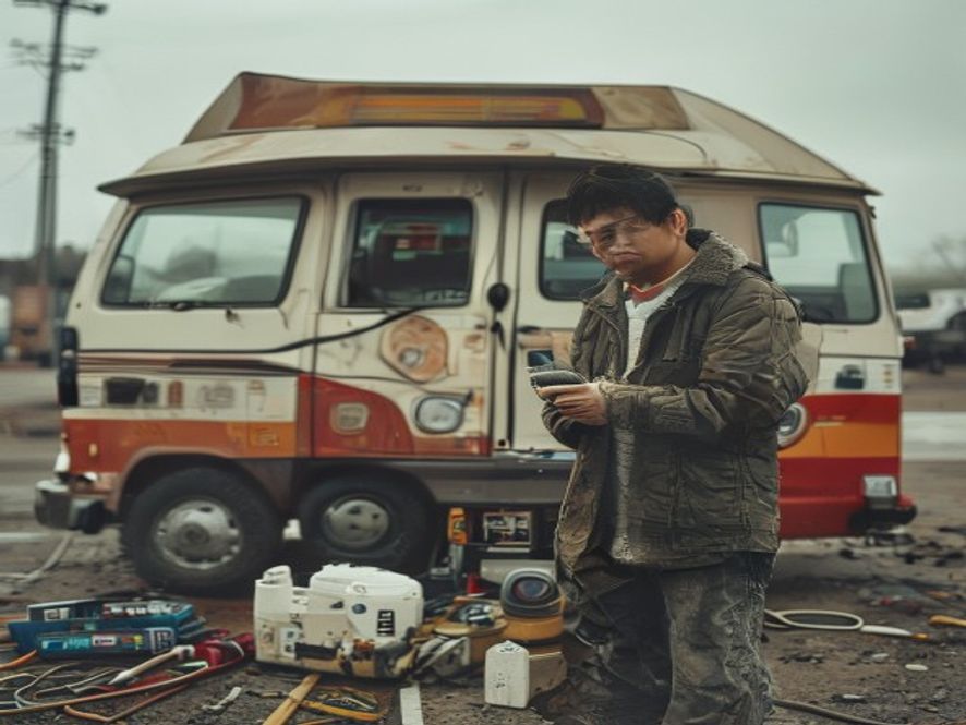房车博主面临现实困境:在加油站计算油费,旁边是破旧的房车和维修工具
