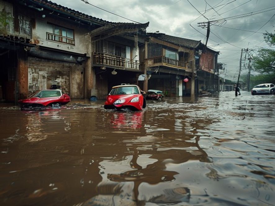 洪水淹没街道,居民在二楼阳台焦急张望