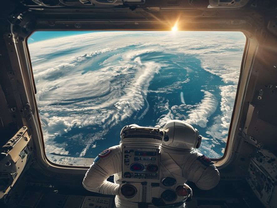 从空间站看到的台风巴威全景,风眼清晰,螺旋云带覆盖半个太平洋