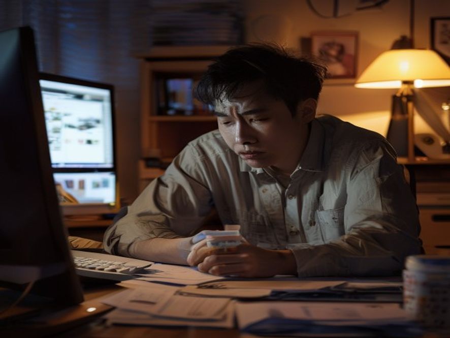 年轻白领在办公室深夜加班,胃痛吃药,桌上有文件与药瓶