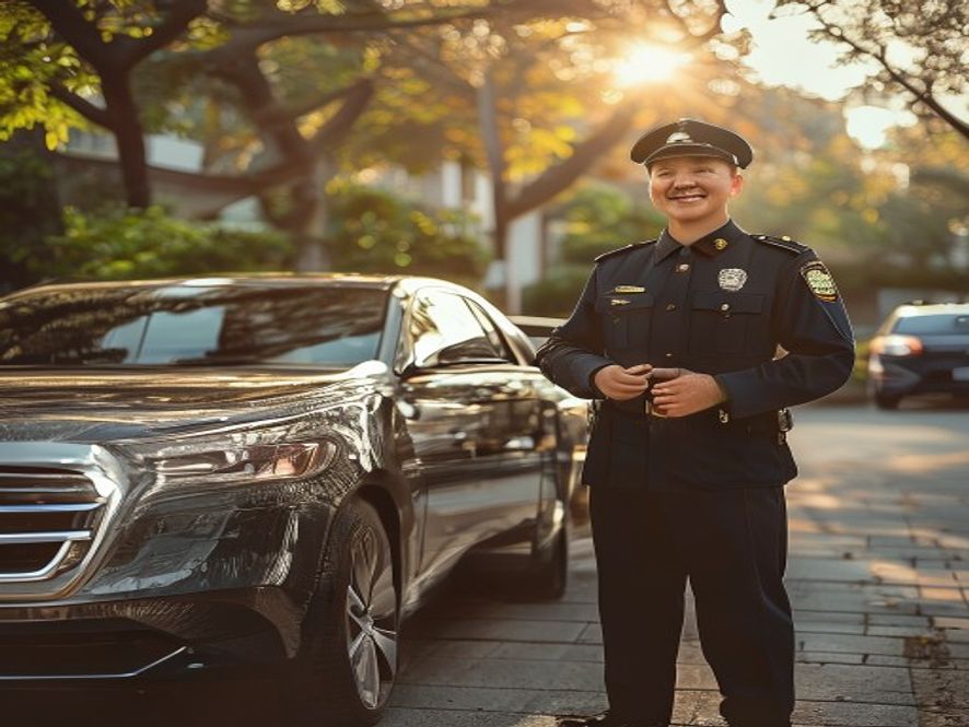 保安在小区楼下检查一辆比亚迪秦L