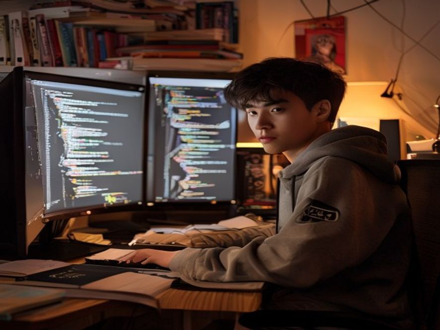 年轻男程序员在办公桌前查看代码,背景有华为元素