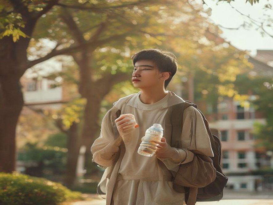 韦东奕拎着矿泉水瓶走在校园里