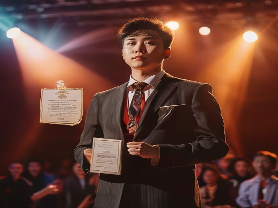 年轻数学家手捧国家自然科学二等奖证书站在颁奖台上
