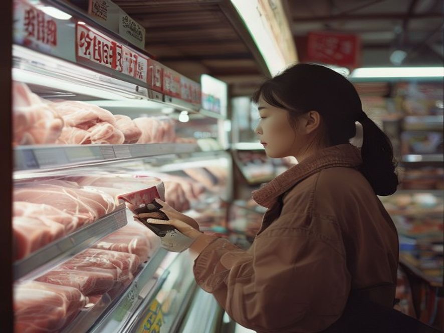 超市里一名中国女性看着猪肉价格标签,表情困惑