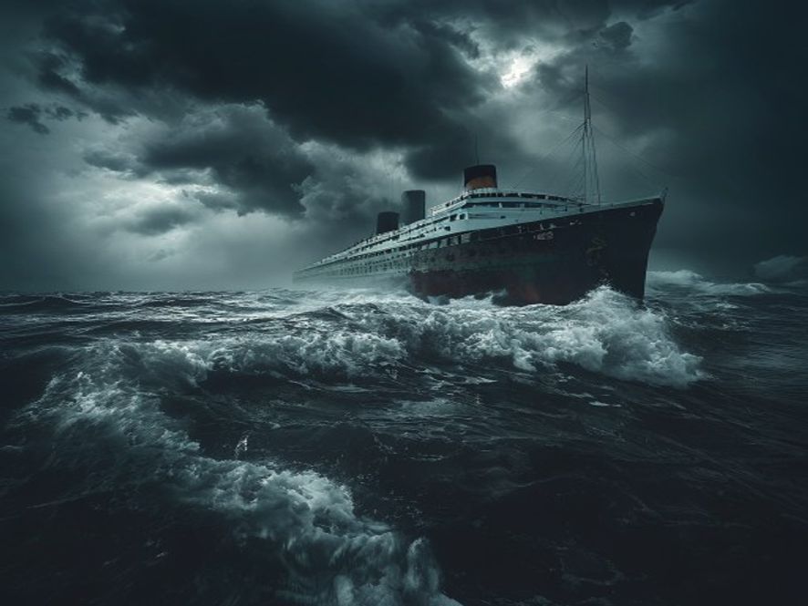 一艘生锈的旧船从浓雾中出现在暴风雨的海面上