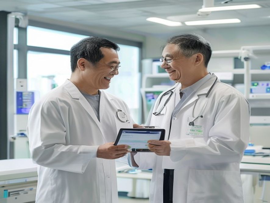 一名中年人在现代化体检中心与医生交流,医生展示健康报告