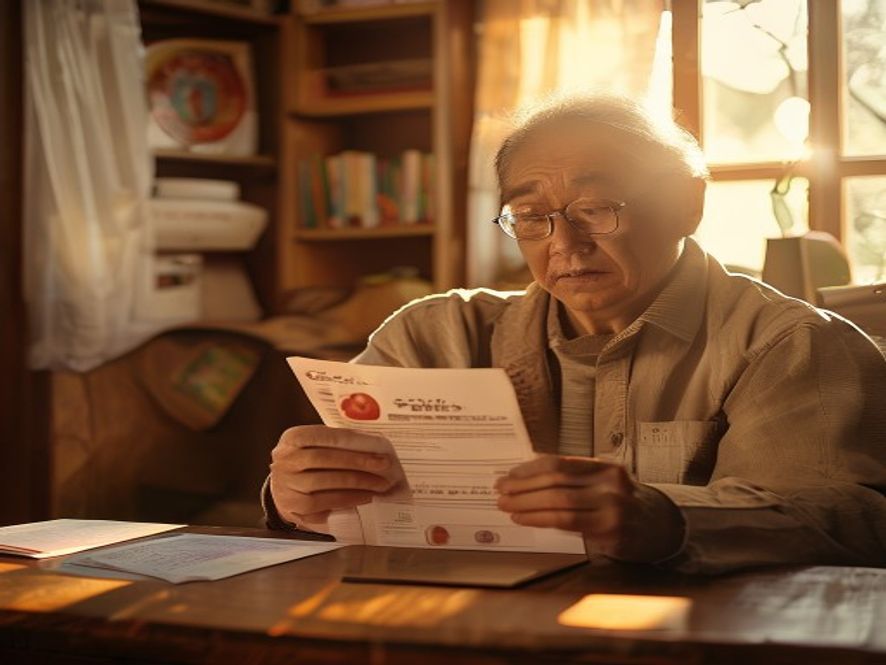 一名中年男子在客厅拿着体检报告,显示血糖5.6和血压126/85