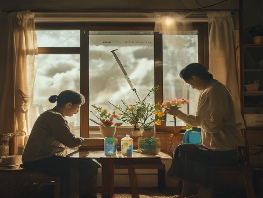 居民在家中用胶带在窗户上贴米字,旁边阳台花盆已搬进屋