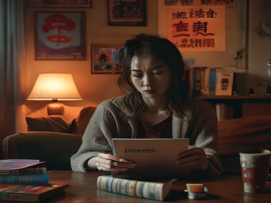 一位中国女性失望地合上Kindle,背景有亚马逊退出中国标识,体现硬件与内容双输
