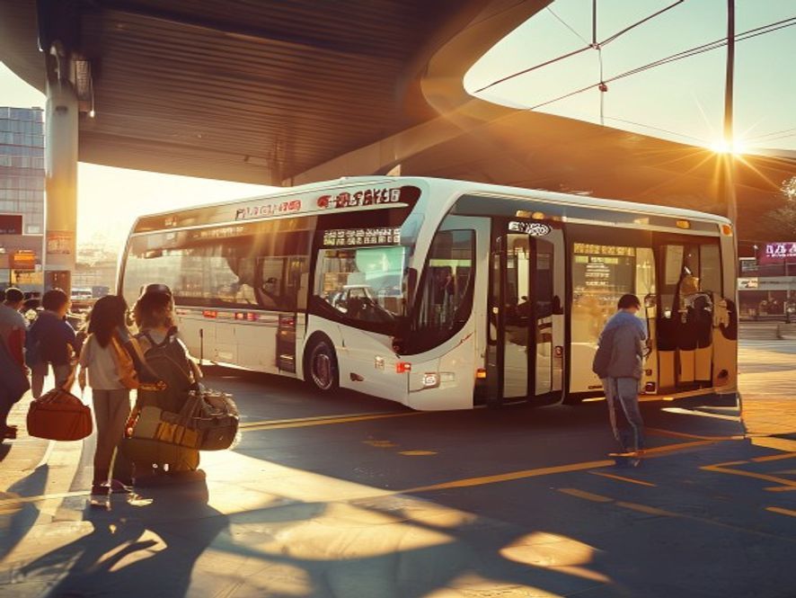 崭新的便民快巴在车站,乘客排队上车,票价50元