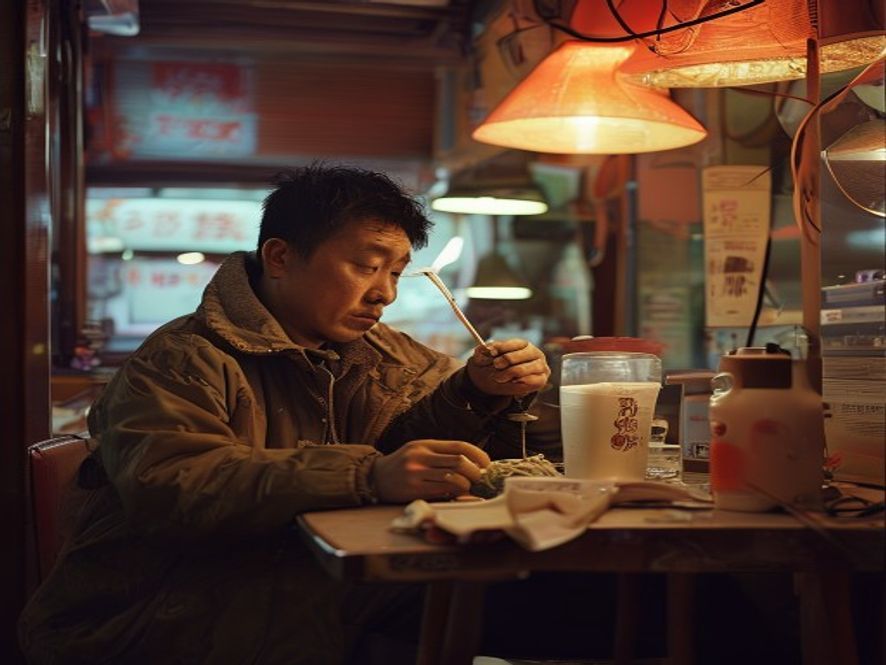 男人在网吧桌前吃着泡面,旁边有热水和廉价物品