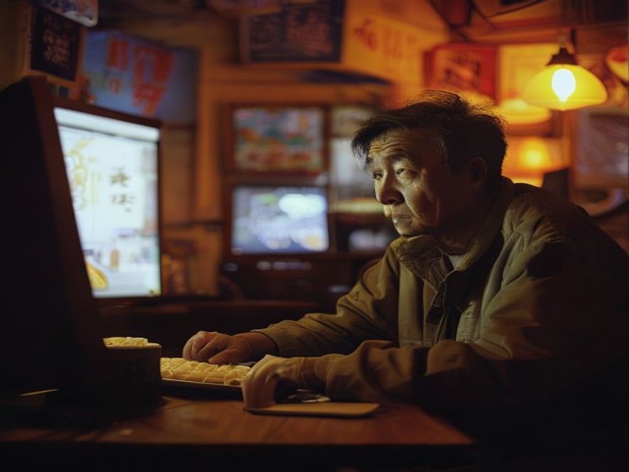 中年男人在网吧里低头沉思,屏幕微光映照落寞表情