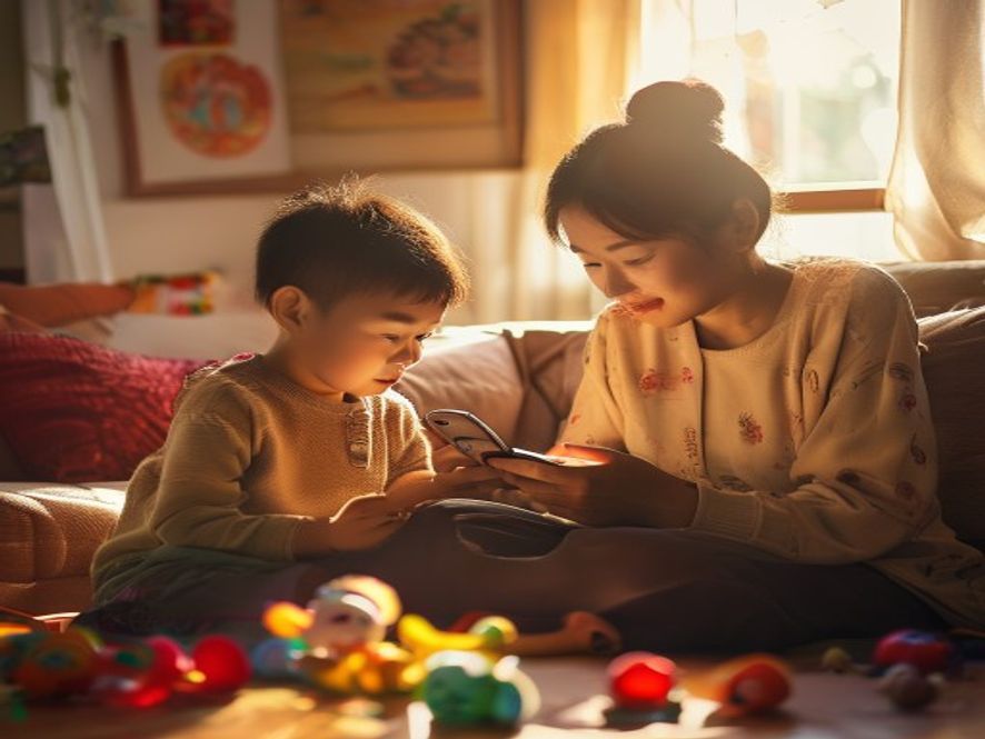 一位家长满怀希望地看着孩子玩手机,期待孩子玩腻后主动放下