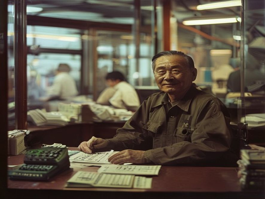 工厂老板在办公室用计算器算账,背景可见工人