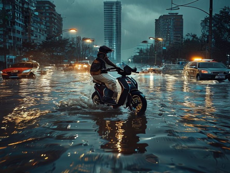 北京十字路口暴雨积水,外卖小哥推车涉水,车辆闪着双闪