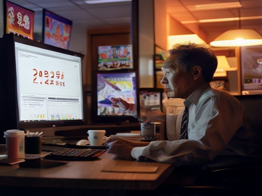 影院经理在办公室查看排片数据,电脑屏幕显示高排片率