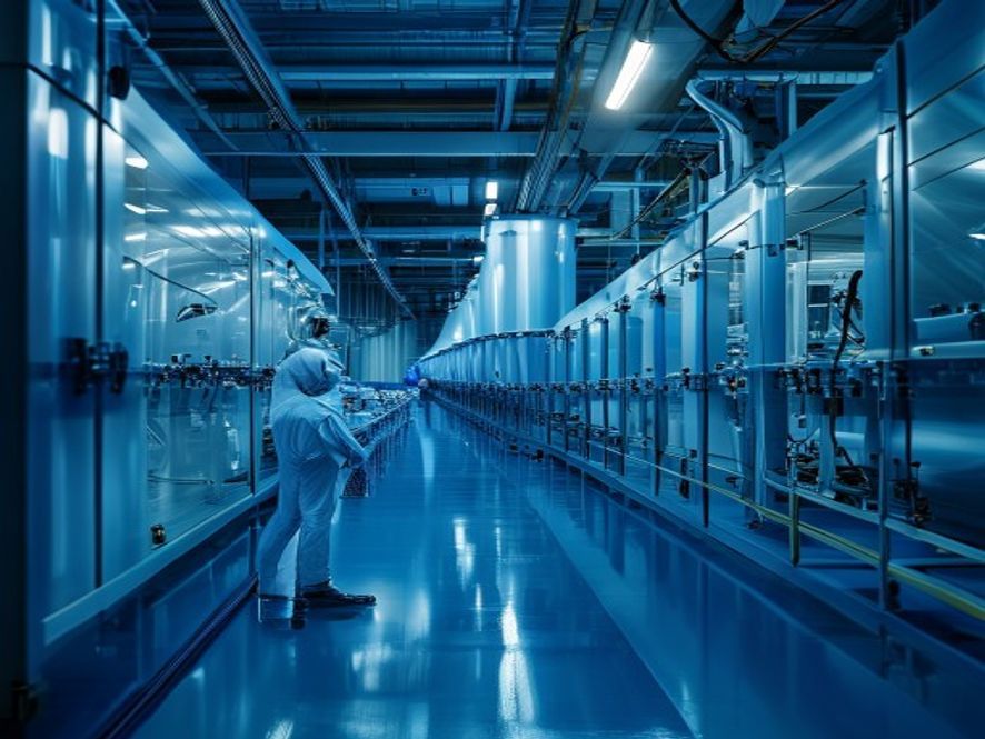一名中国工程师在半导体工厂内检查液氦储存罐,周围有精密仪器,体现氦气在高端制造中的关键作用