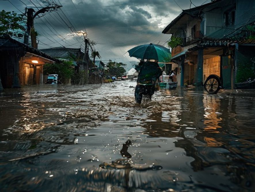 暴雨导致城市内涝,居民涉水前行