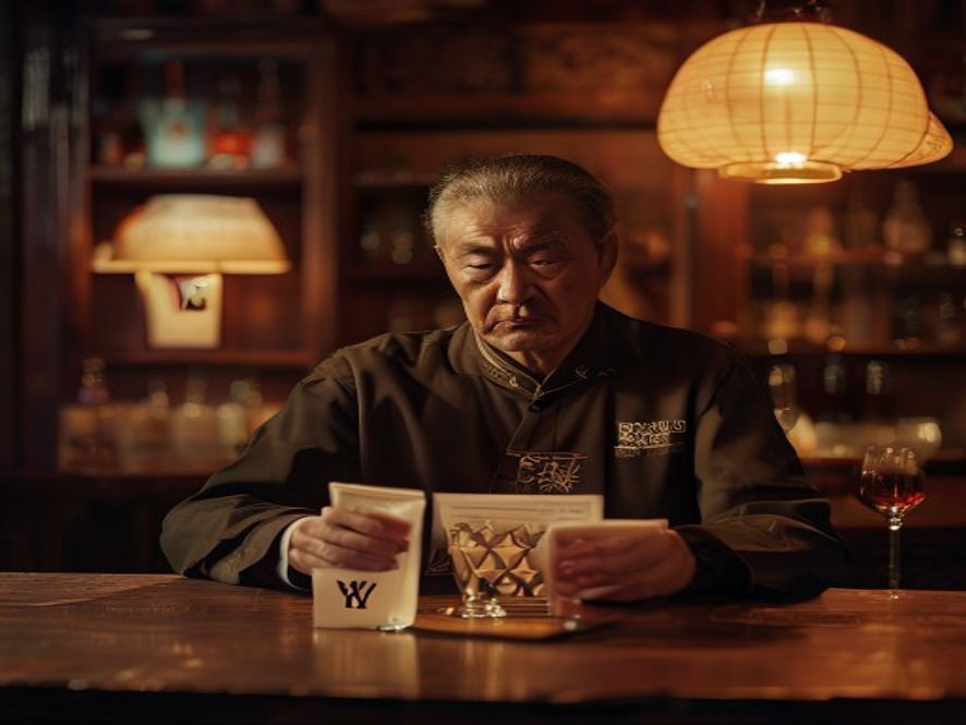 小酒吧老板皱眉看着侵权通知,桌子上放着仿LV花纹的冰桶和酒杯