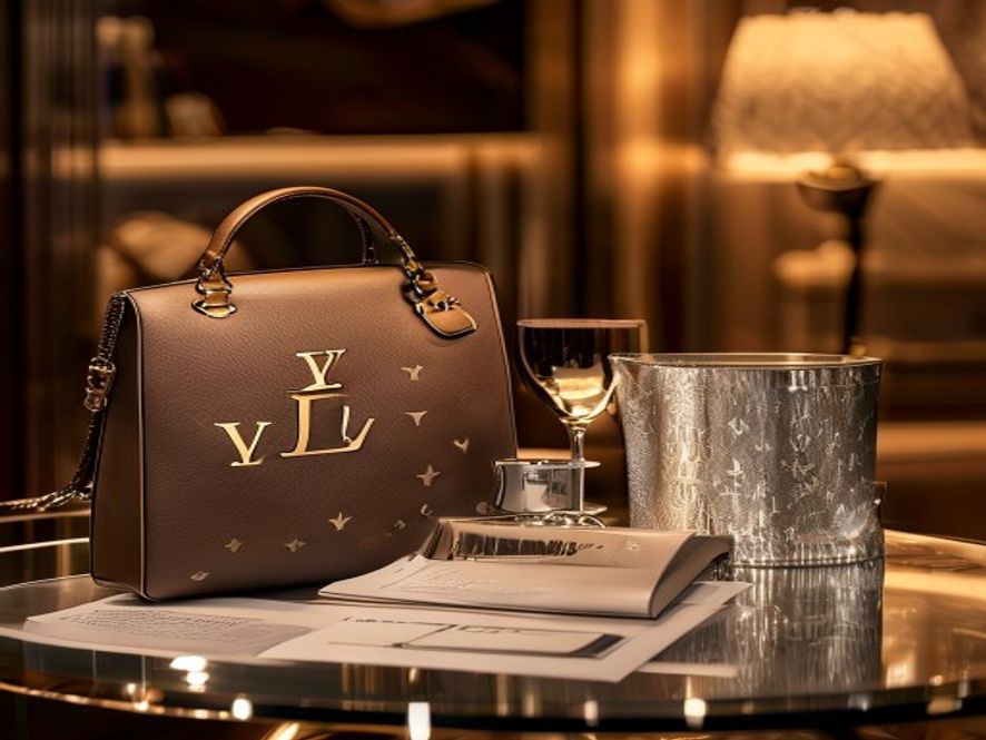 LV皮具与葡萄酒杯、冰桶并排摆放,暗示品牌跨界维权