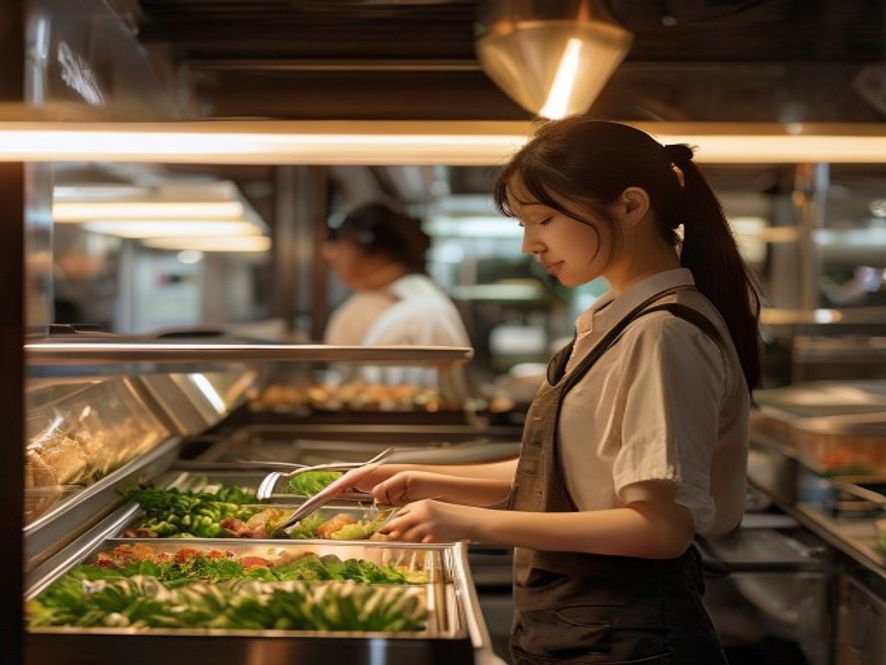 顾客在自选称重快餐店夹菜
