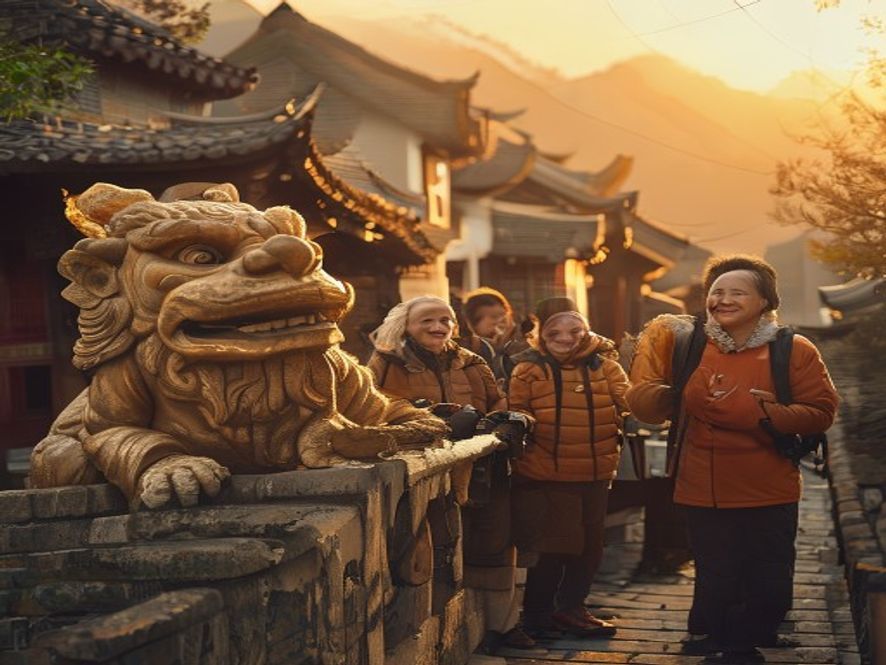 背包客在老桥上拍照,石狮子被夕阳镀成金色,妈妈热情招呼他们回家吃饭