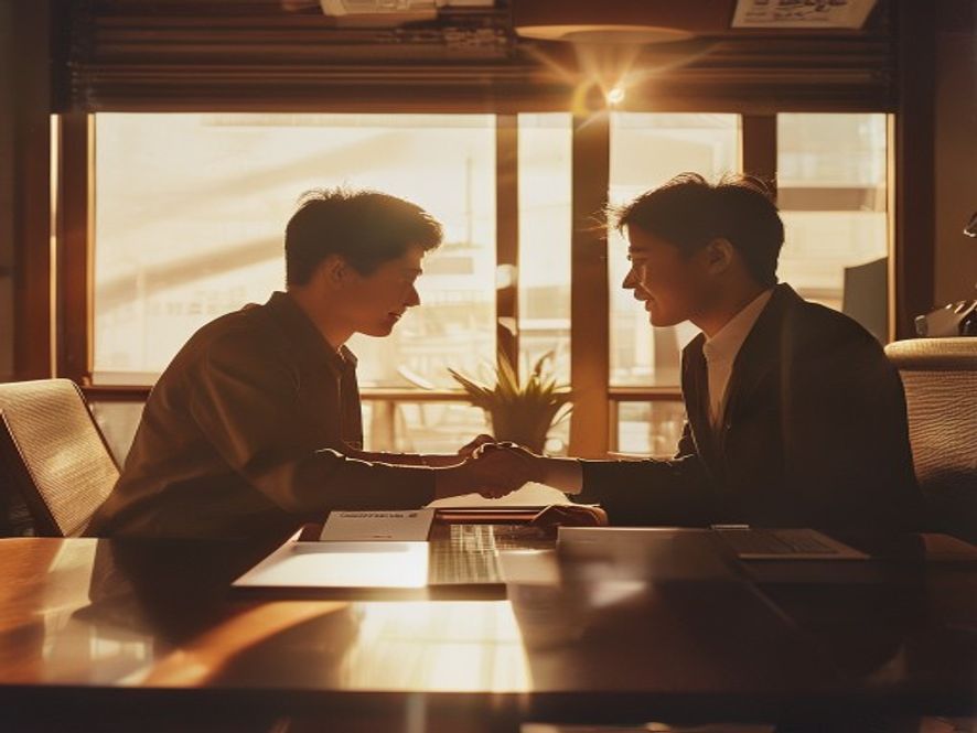 孙正义与马云握手签约,背景是阿里巴巴早期办公室