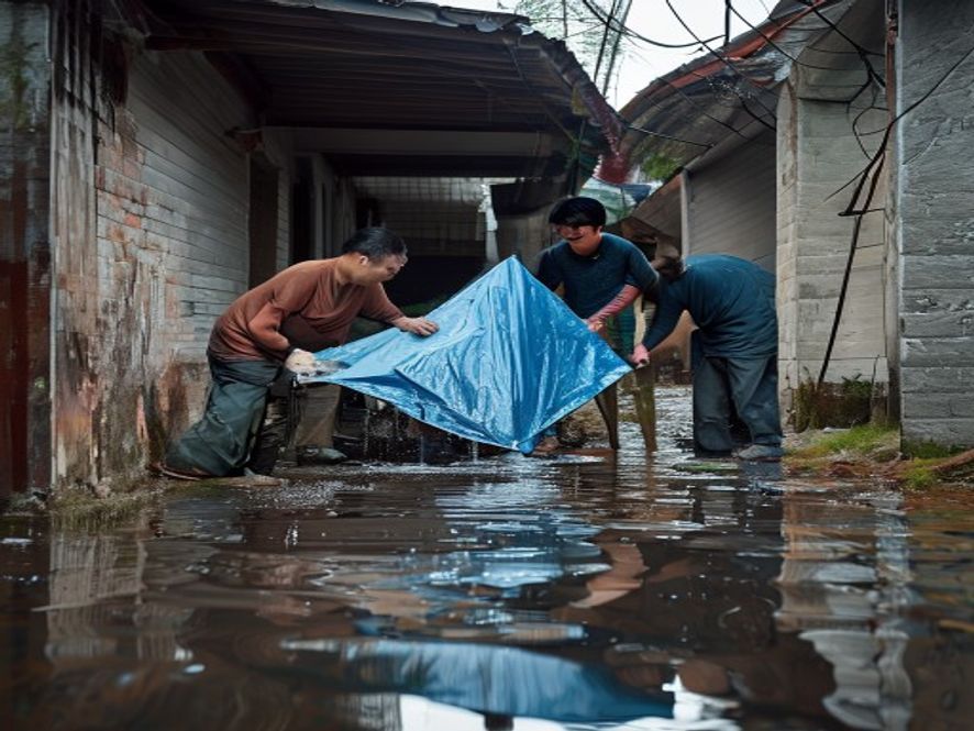 居民用木板和防水布堵住楼道口
