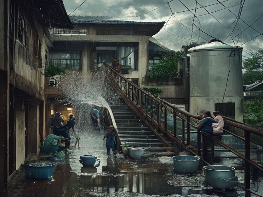 暴雨中水塔倒塌楼道灌水居民慌乱