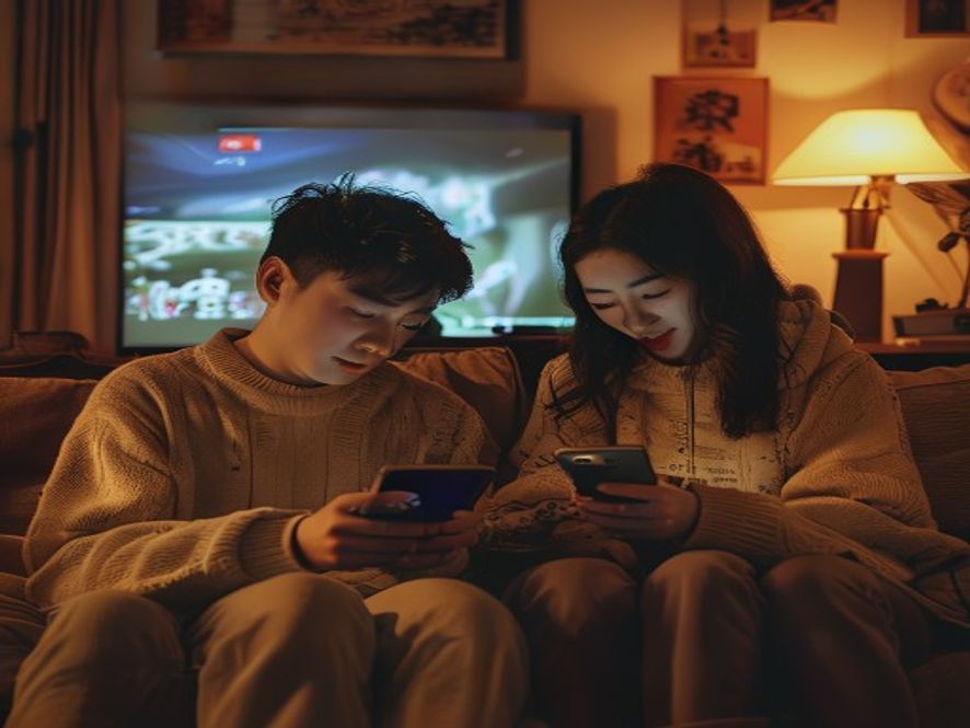 年轻人刷手机看台风短视频和微信群消息