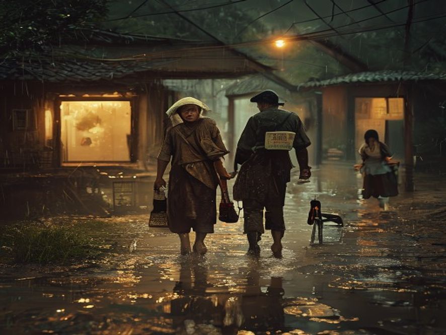 深夜洪水中邻居帮助转移老人