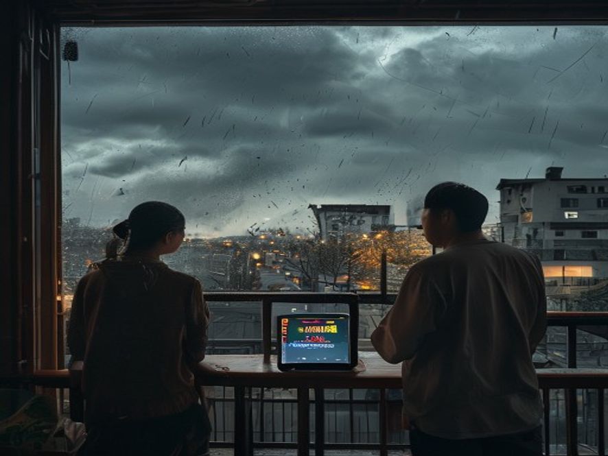 一家人看着窗外风雨,手机上显示台风预警,但实际感受并不强烈