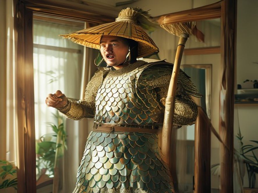 人物穿着竹编战甲,头戴竹编头盔,手持拖把杆站在穿衣镜前