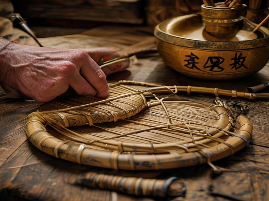 手工艺人用竹条和旧皮带编织肩甲,旁边放着金色护心镜