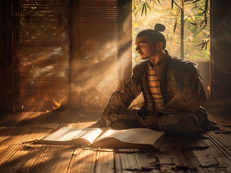 手工艺人看着旧竹凉席,旁边放着岳武穆战甲的参考图片