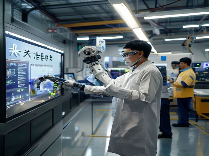新能源工厂中技术工人正在组装设备,体现就业结构升级