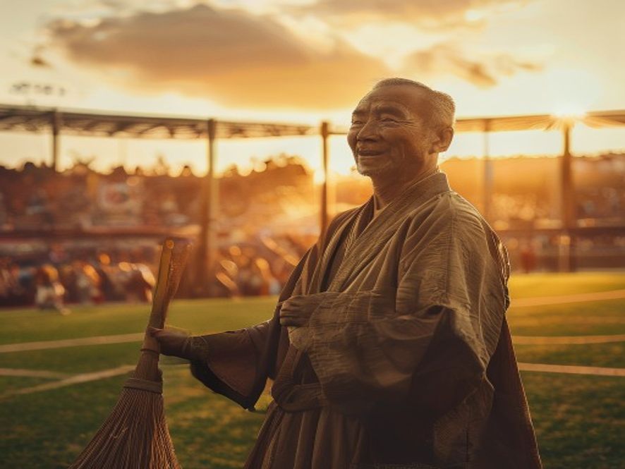 一位身着旧武术袍的中年男子手持扫帚站在现代足球场上,周围观众欢呼