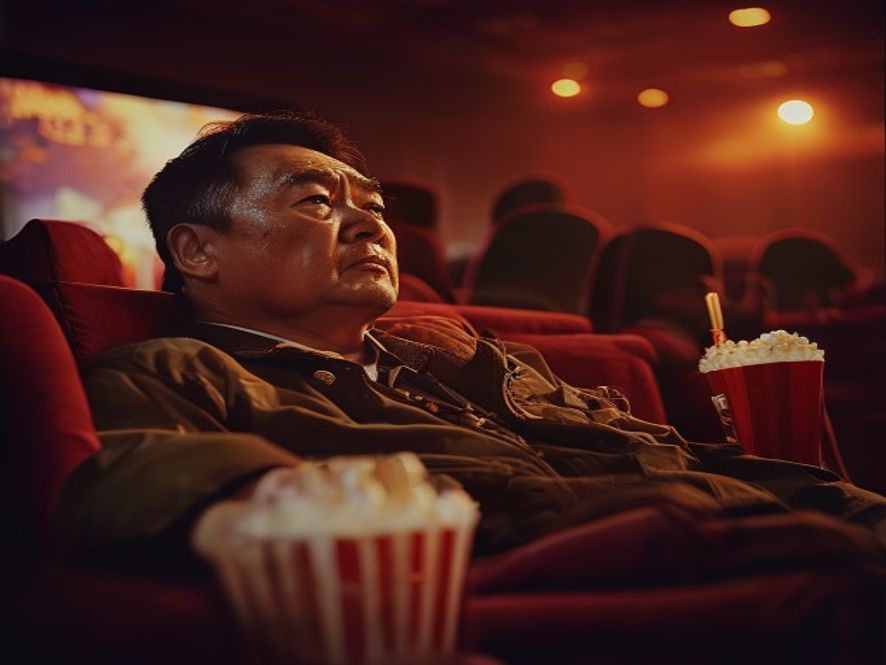 中年观众在影院观看周星驰电影《少林足球》片段时感动落泪