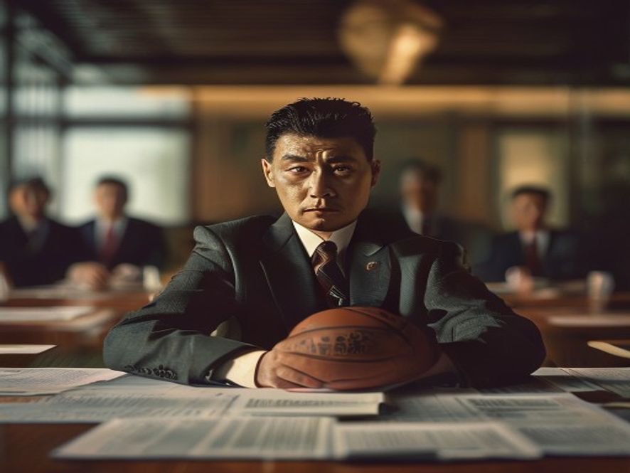 姚明坐在会议室里面对文件和多个人影,表情严肃