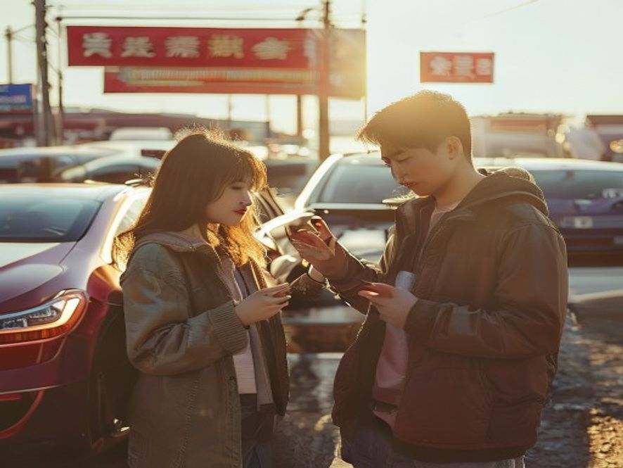 年轻人在二手车市场查看电动车,准备卖掉旧车换新款