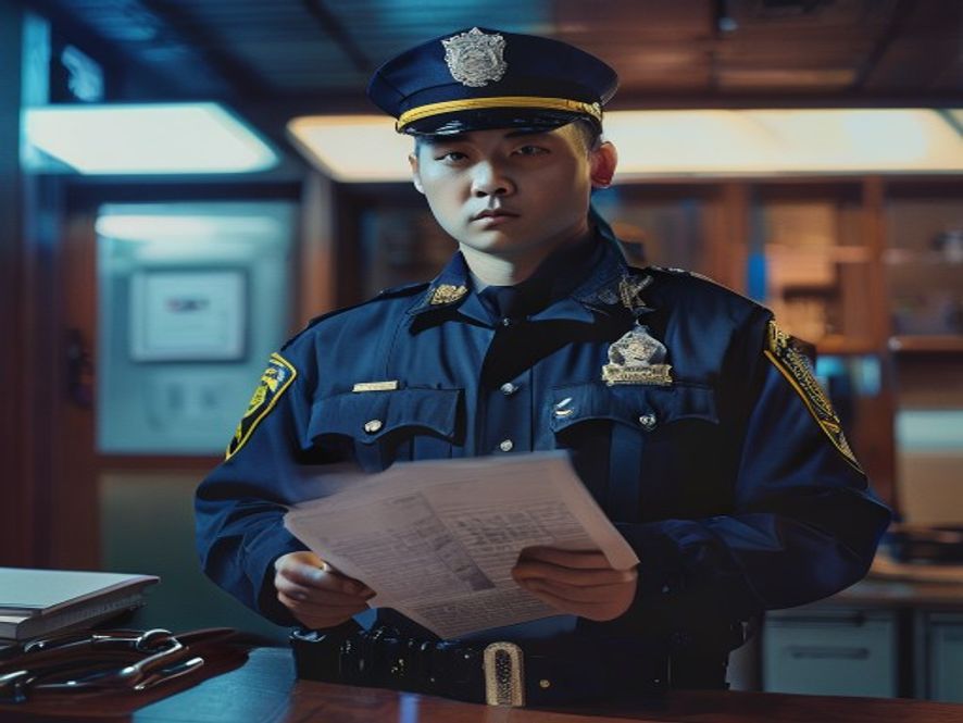 警察展示治安管理处罚法文件,手铐和警徽清晰可见