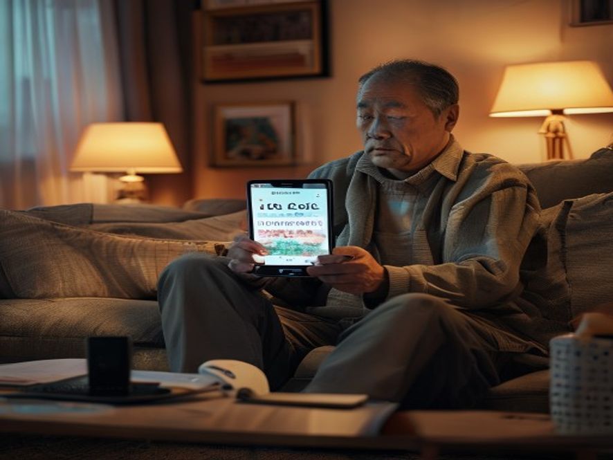 一名中年男子在客厅沙发上刷手机,屏幕显示虚假汛情标题
